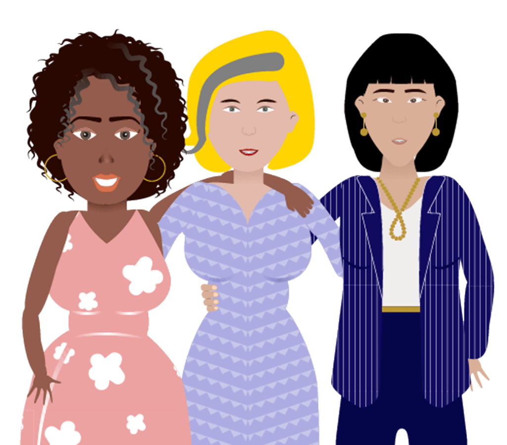 Cartoon characters of 3 cultural diverse women supporting each other and booking the dont sweat it peri and menopause course.