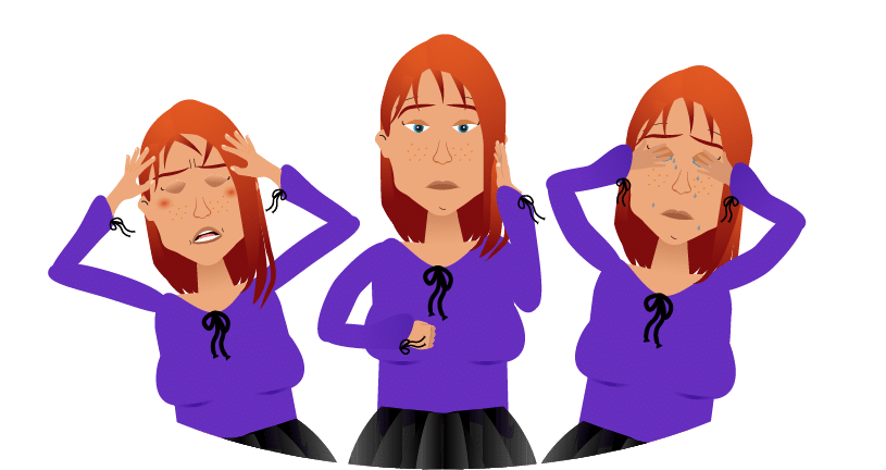 cartoon character of red haired woman repeated 3 times, first instance is holding both arms up to her head, the second instance is looking confused and third instance rubbing eyes while crying because she is experiencing the symptoms of peri and menopause with no support at her workplace