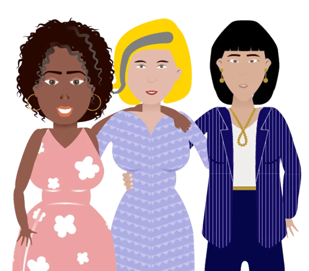 Cartoon characters of 3 cultural diverse women supporting each other and booking the dont sweat it peri and menopause course.