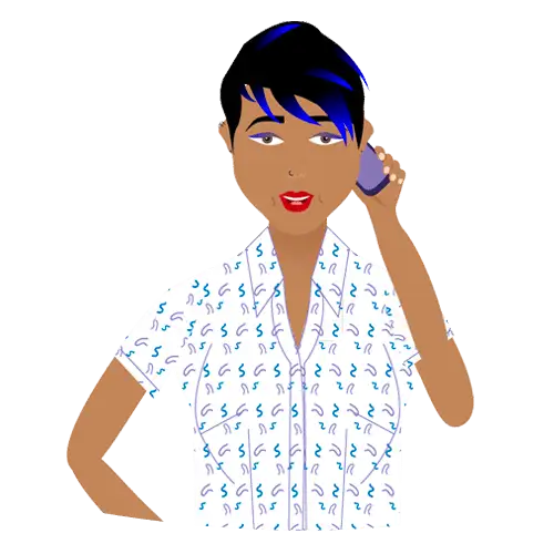 cropped cartoon character of non-binary person with short black hair speaking on a mobile phone about the peri and menopause courses available at Don't Sweat It